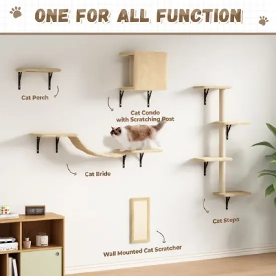 Sandinrayli Cat Wall Shelves - Wall-Mounted Set of 5, Floating Perches & Hanging Beds, Modern Furniture for Large Cats/Kitties (Beige) image {5}