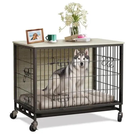 2 in1 Furniture Style Dog Crate, MDF Metal Dog Crate, Indoor Pet Kennel Cage with Shelves & Moveable Tray & Wheels, Puppy House for Home, Farmhouse image {10}