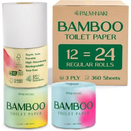 Palm Naki Bamboo Toilet Paper 3-Ply, Mega Rolls 360 Sheets/Roll, Strong & Gentle, Tree-Free Septic-Safe image {8}