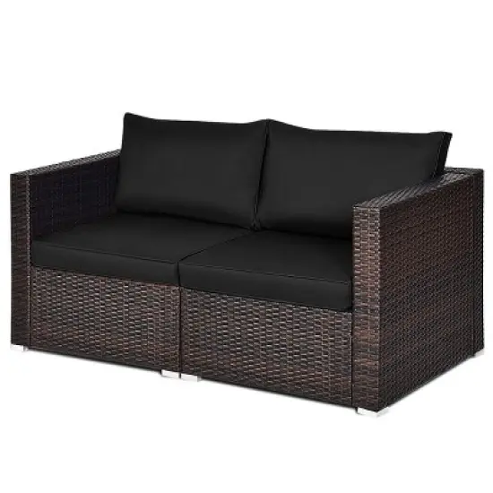 Tangkula 2-Piece Patio Wicker Corner Sofa Set Rattan Loveseat with Removable Cushions image {5}