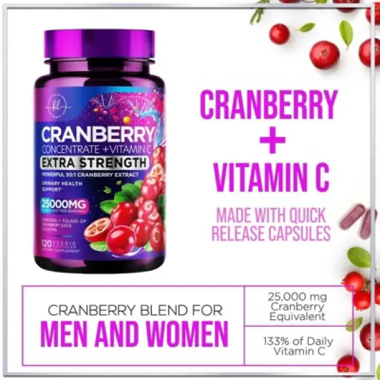 Cranberry Extract Pills 25000mg + Vitamin C Extra Strength Urinary Tract Support - 60 Capsules;120 Capsules image {2}