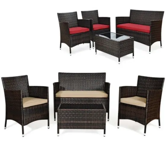 Costway 4PCS Patio Wicker Furniture Set Sofa Chair with Brown & Grey Cushion Covers Garden image {11}