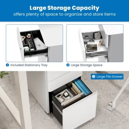 Mount-It! Mobile File Pedestal Cabinet with 3 Drawers & Lock | Slim Design Under Desk Storage & Organizer for Files, Folders & Office Supplies | White image {3}