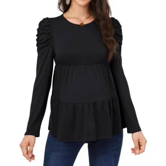 Coolmee Womens Maternity Tops Long Sleeve Pregnancy Babydoll Tunic Blouses Crew Neck Shirts Pregnant Clothes image {1}