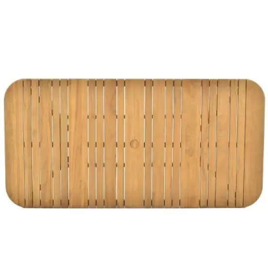 Planked Wood & Textured Weave 6Piece Outdoor Dining Set Metal Frame Table & Angled Stool Seats for Backyard image {12}