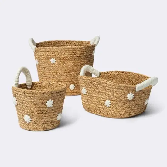 Braided Water Hyacinth with Tufted Embroidery Square Storage Basket - Cloud Island&trade; image {3}