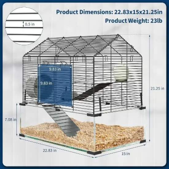 Metal Hamster Cage with Transparent Walls - Small Animal Habitat with 4 Accessories & Water Bottle for Hamsters, Mice, Rats,black image {2}