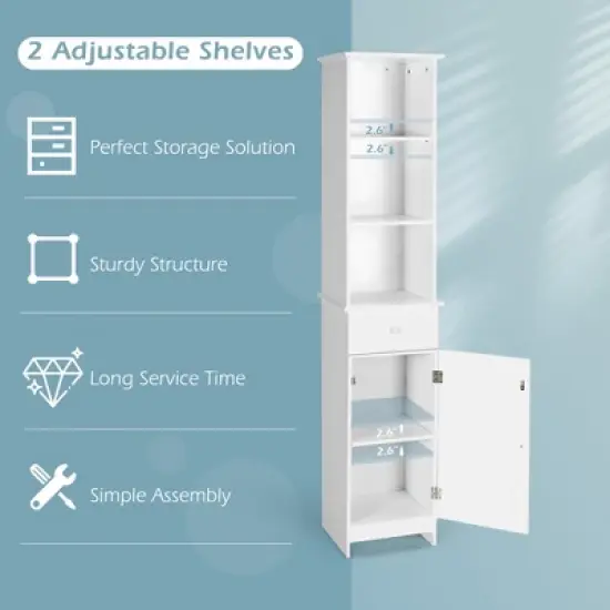 Costway Bathroom Tall Storage Cabinet Freestanding Linen Tower w/ Open Shelves & Drawer image {6}