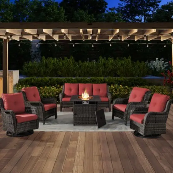 6 Pieces Wicker Patio Furniture Set with Propane Fire Pit Table, All Weather Wicker Patio Set with Square Fire Pit Table and Swivel Patio Chair image {20}