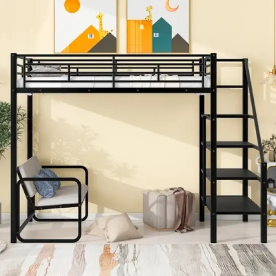 Twin Size Metal Loft Bed with Bench and Storage Staircase, Black-ModernLuxe image {1}