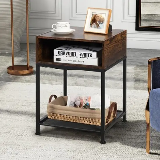 Costway Industrial Nightstand End Side Table W/ Compartment & Mesh Shelf Rustic Brown image {1}