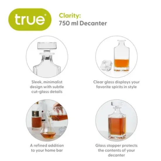 True Clarity Liquor Decanter - Minimal Square Glass Carafe for Whiskey, Gin, Scotch or Liquor with Stopper - 750ml Set of 1 image {2}