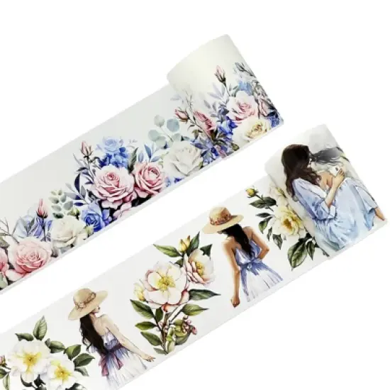 Wrapables Aesthetic Floral Fashion PET Washi Tapes for Scrapbooking, Stationery, Journaling, Diary, Card Making (Set of 2), Green and Pink image {4}