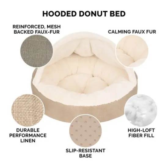 FurHaven Plush & Performance Linen Hooded Donut Pet Bed for Dogs & Cats image {4}