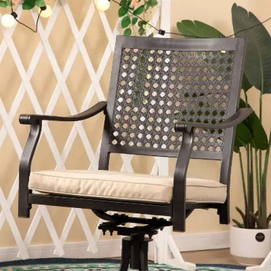 7pc Outdoor Dining Set with Swivel Chairs & Faux Wood/Metal Table with Umbrella Hole - Captiva Designs image {9}