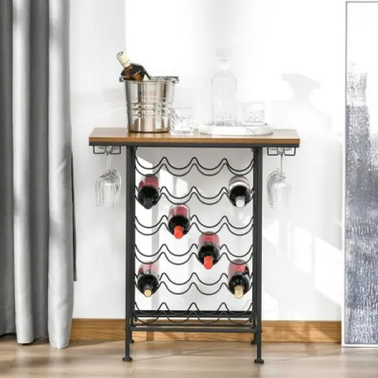 HOMCOM 24-Bottle Industrial Modern Wine Rack Table, Freestanding 6 Tier Wine Bottle Organizer with Glass Stemware Holder , Natural / Black image {1}