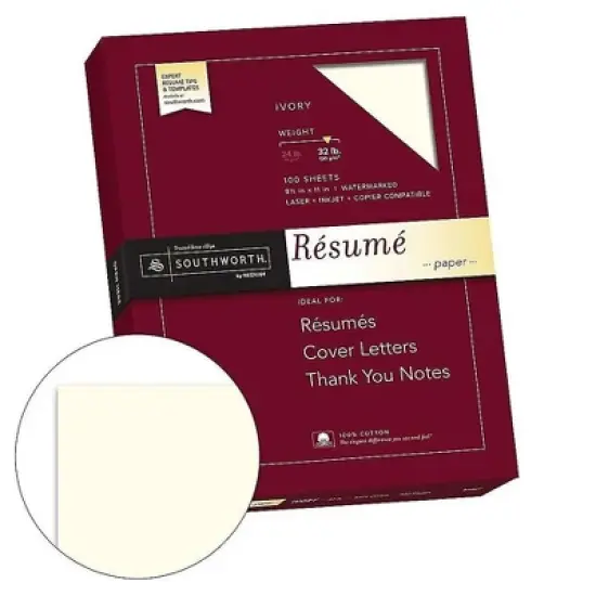 Southworth 100% Cotton Resume Paper 32 lbs. 8-1/2 x 11 Ivory Wove 100/Box RD18ICF image {3}