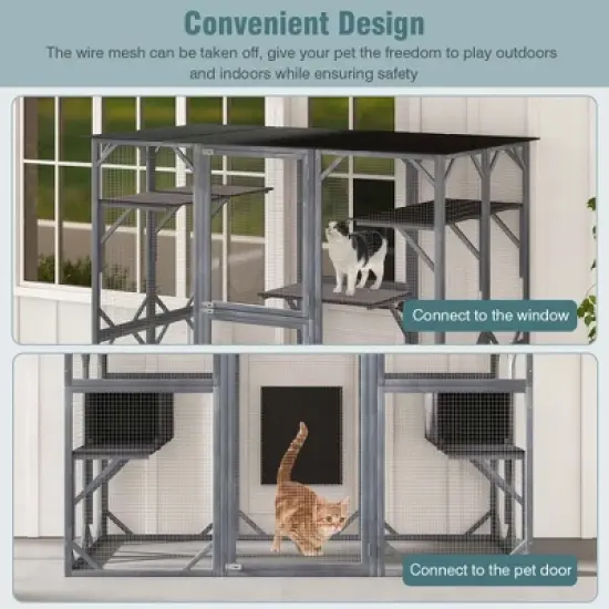 Costway Large Wooden Cat House 71'' Indoor Outdoor Weatherproof Catio Kitten Enclosure image {6}