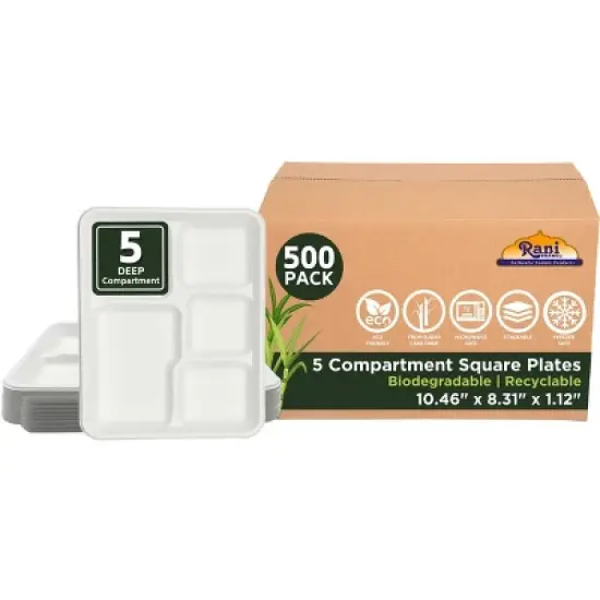 5 Compartment Square Biodegradable Divided Plates - Pack of 500 - Rani Brand Authentic Indian Products image {6}