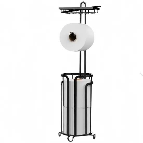 FURNIinspire Tissue Paper Roll Stand Shelf Bathroom Toilet Paper Storage Holder Floor Standing Toilet Paper Dispenser, Black, 7.02"*7.02"*15.6" image {5}