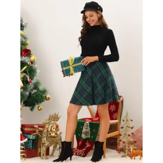 Allegra K Women's Plaids Vintage Tartan Elastic Waist Knee Length A-Line Skirt image {3}
