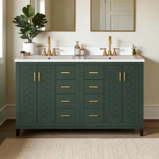 Mshliw 60 Inch Double Bathroom Vanity with Ceramic Sink Combo, Modern Freestanding Cabinet with 6 Drawers and 4 Soft Close Doors, Solid Wood Frame image {3}