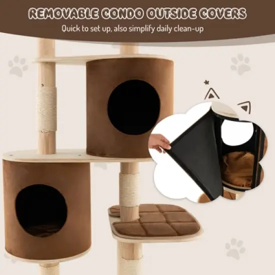 Costway 75'' Multi-layer Wooden Cat Tree Indoor Tower Activity Play Center with 2 Condos image {5}