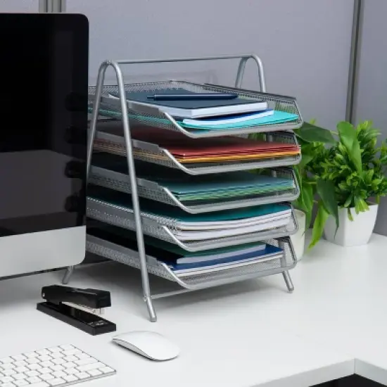 Mind Reader 5-Tier Paper Tray, Desktop Organizer, File Storage, Office, Metal Mesh, 11.75"L x 14"W x 14.5"H, Silver image {1}