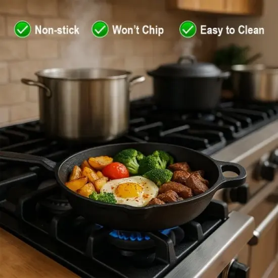 Amber Sports Cast Iron Handle Tawa with Long Handle, Shallow Frying Pan for Roti, Dosa, Pancakes, Induction & Outdoor Cooking &ndash; 10 Inch image {4}