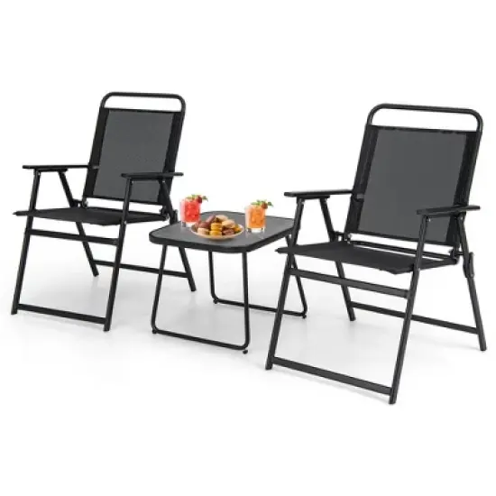 Costway 3pcs Patio Folding Conversation Chairs&Table Heavy-Duty Metal Outdoor Portable image {8}
