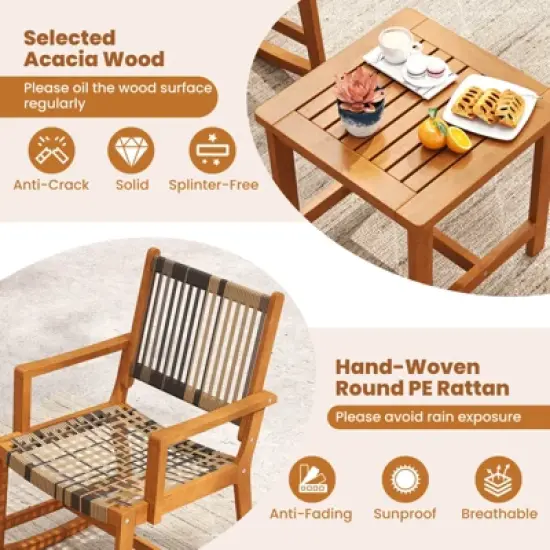 Costway 3 Piece Patio Rocking Set with Rattan Seat & Back Square Side Table for Porch image {6}