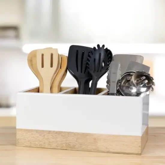 AuldHome Wood/Enamel Utensil Holder, Mango Wood 3-Compartment Farmhouse Cooking Caddy or Spoons/Forks/Knives Storage image {1}