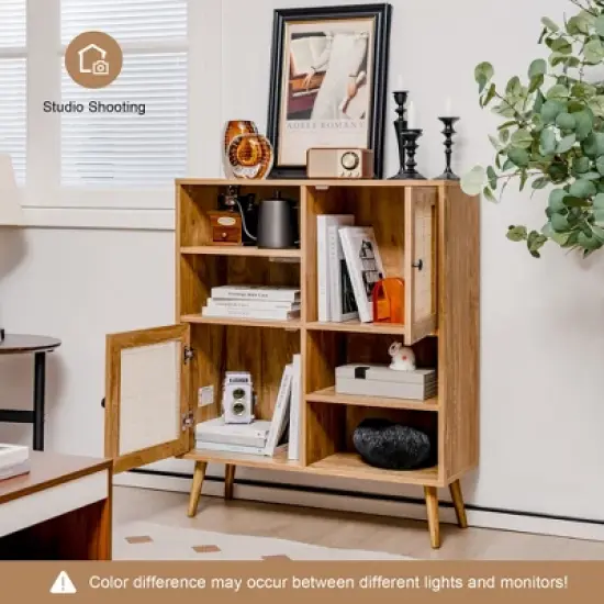 Costway Rattan Buffet Sideboard Accent Storage Cabinet Coffee Bar Cabinet Doors Cubbies image {4}