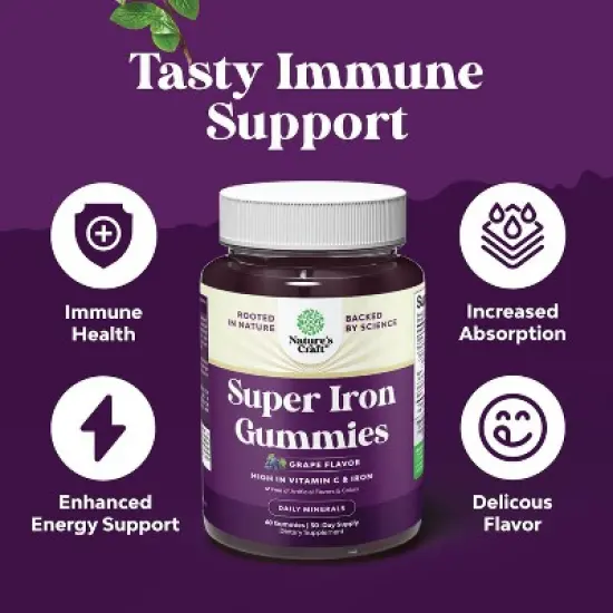 Super Iron Gummy, Chewable Iron Supplement for Women and Men with Vitamin C for Higher Absorption, Grape Flavor, Nature's Craft, 60ct image {1}