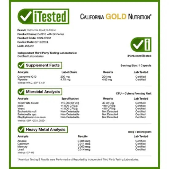 California Gold Nutrition CoQ10 with Bioperine&reg; and Black Pepper Extract, Enhanced Biovailability, 200 mg, 120 Veggie Capsules image {3}