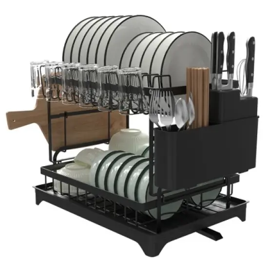 Fortune Candy 11.41'' Tall 2 Tier Dish Drying Rack, Large apacity, Black image {9}