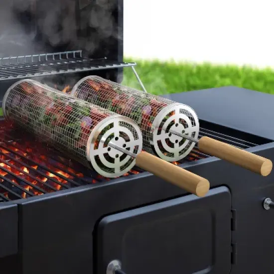 Sorbus 2 Pack Stainless Stee Rolling Grill Baskets with Removable Wooden Handle - BBQ, Outdoor Cooking, Camping image {1}