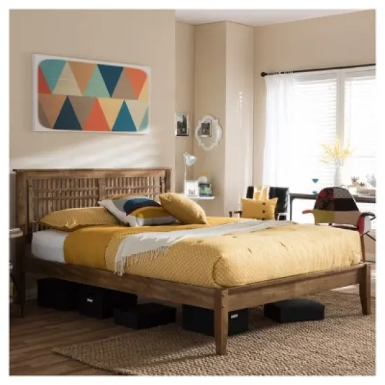 Loafey Mid-Century Modern Solid Wood Window-Pane Style Platform Bed - Baxton Studio image {4}