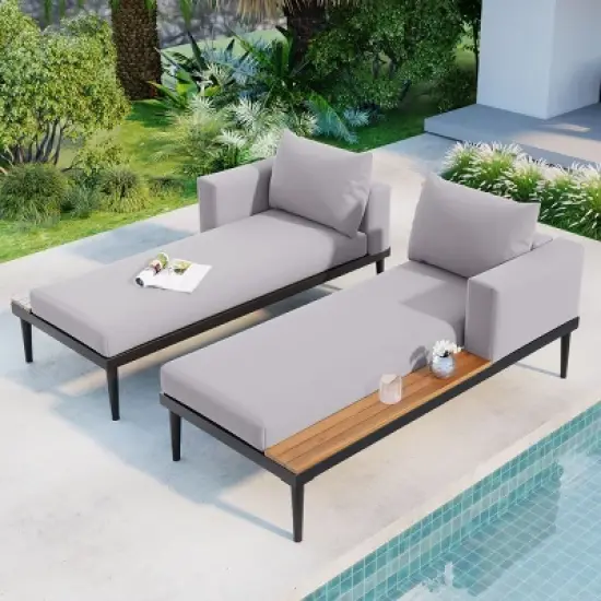 2PC Outdoor Daybed Set, Metal Frame with Acacia Wood Side Tables, Cushioned Patio Lounge Sofa for Garden or Poolside - Coolbibila image {8}