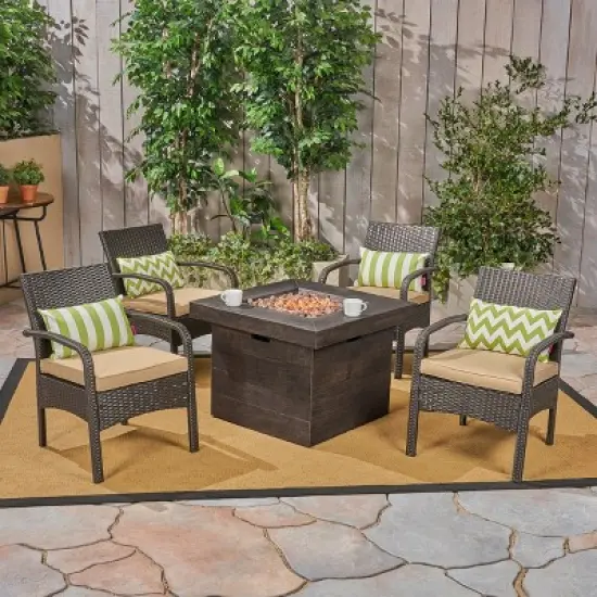 GDFStudio Lemere Outdoor Wicker 5 Piece Club Chair and Fire Pit Set with Cushion image {1}