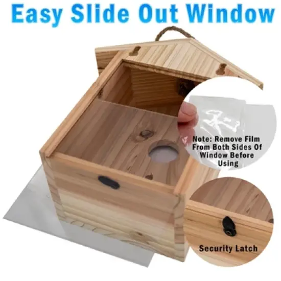5 Star Super Deals See Through Wooden Window Bird house w/ Large Suction Cups, Hanging Lanyard Rope Birdhouse - Spy Window Nest Box image {1}