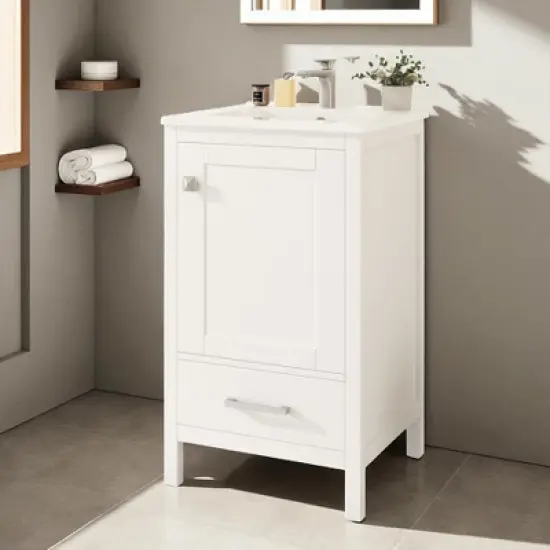 20-Inch Modern Bathroom Vanity with Ceramic Sink, Soft-Close Drawer & Door, Double-Layer Door Organizer, Divider Drawer, Adjustable Foot Pads image {15}