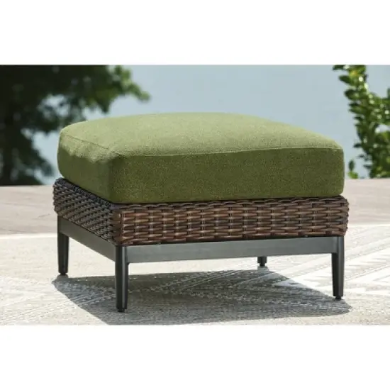 Signature Design by Ashley Horizon Hall Outdoor Ottoman with Cushion - All-Weather Resin Wicker - Green UV-Resistant Nuvella+ Fabric image {1}