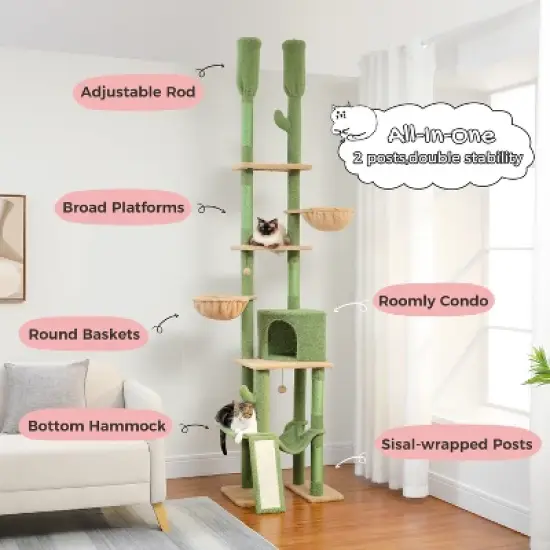 DOMETOUR Adjustable Height(85-112 Inch) Cactus Cat Tree Cat Tower, 7 Tiers Climbing Activity Center with Cozy Hammocks Cat Condo image {2}