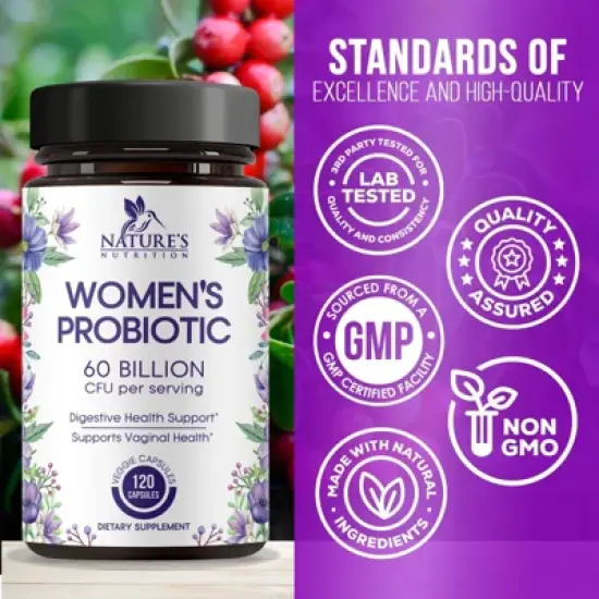 Probiotics for Women 60 Billion CFU - 16 Strains, Vaginal pH Health & Immune Support, Prebiotics & Cranberry - 120 Capsules By Nature's Nutrition image {3}