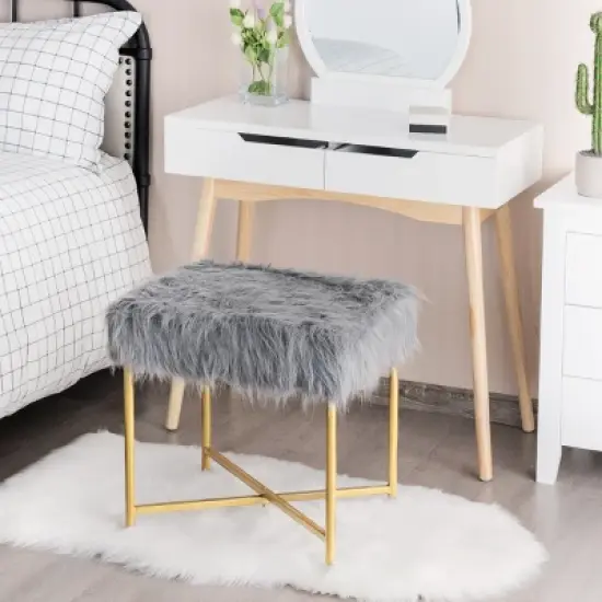 Costway Faux Fake Fur Stool Ottoman Footrest Stool Decorative with Metal Legs GreyPinkWhite image {2}