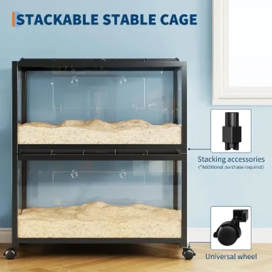 Acekool Large 3-Tier Hamster Cage, Metal & Glass Small Animal Habitat with Wheel, Deep Bottom, Ramps & Accessories, Black image {2}