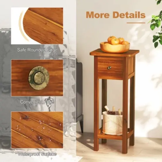 Costway Solid Wood Side Table with Acacia Wood Top Drawer & Open Shelf Small Nightstand image {5}