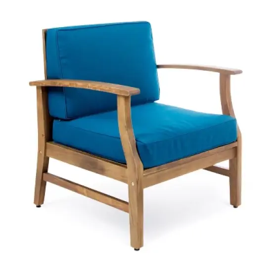 Perla 4pk Acacia Wood Club Chairs - Teak/Blue - Christopher Knight Home: Outdoor Seating with Iron Hardware, Foam Cushions image {6}