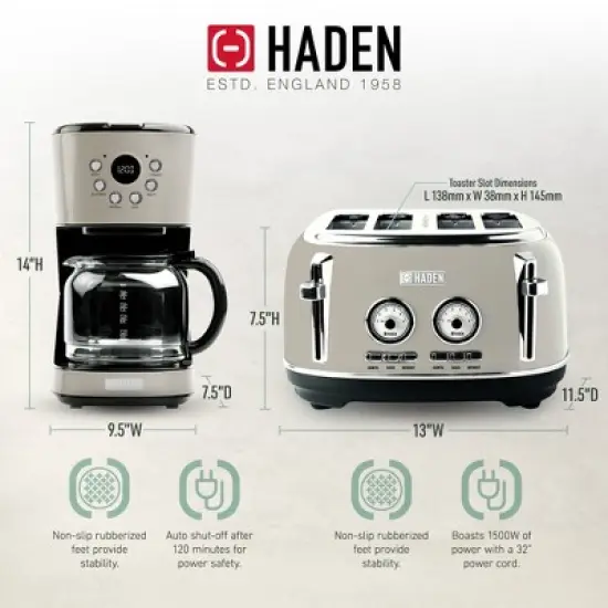 Haden 12 Cup Programmable Drip Coffee Maker Coffee Machine Bundled with Dorset 4 Slice Wide Slot Stainless Steel Toaster, Putty & Chrome image {4}